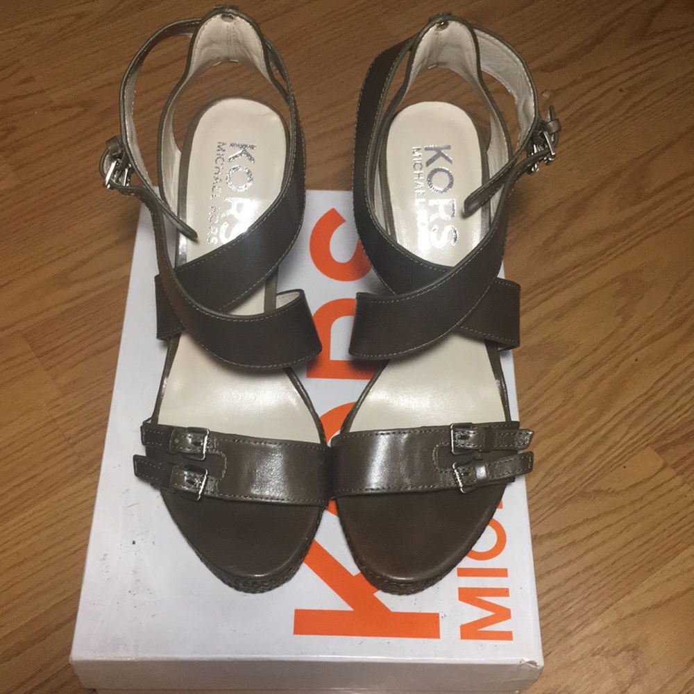 KORS Michael Kors Olive Leather Wedge Sandal